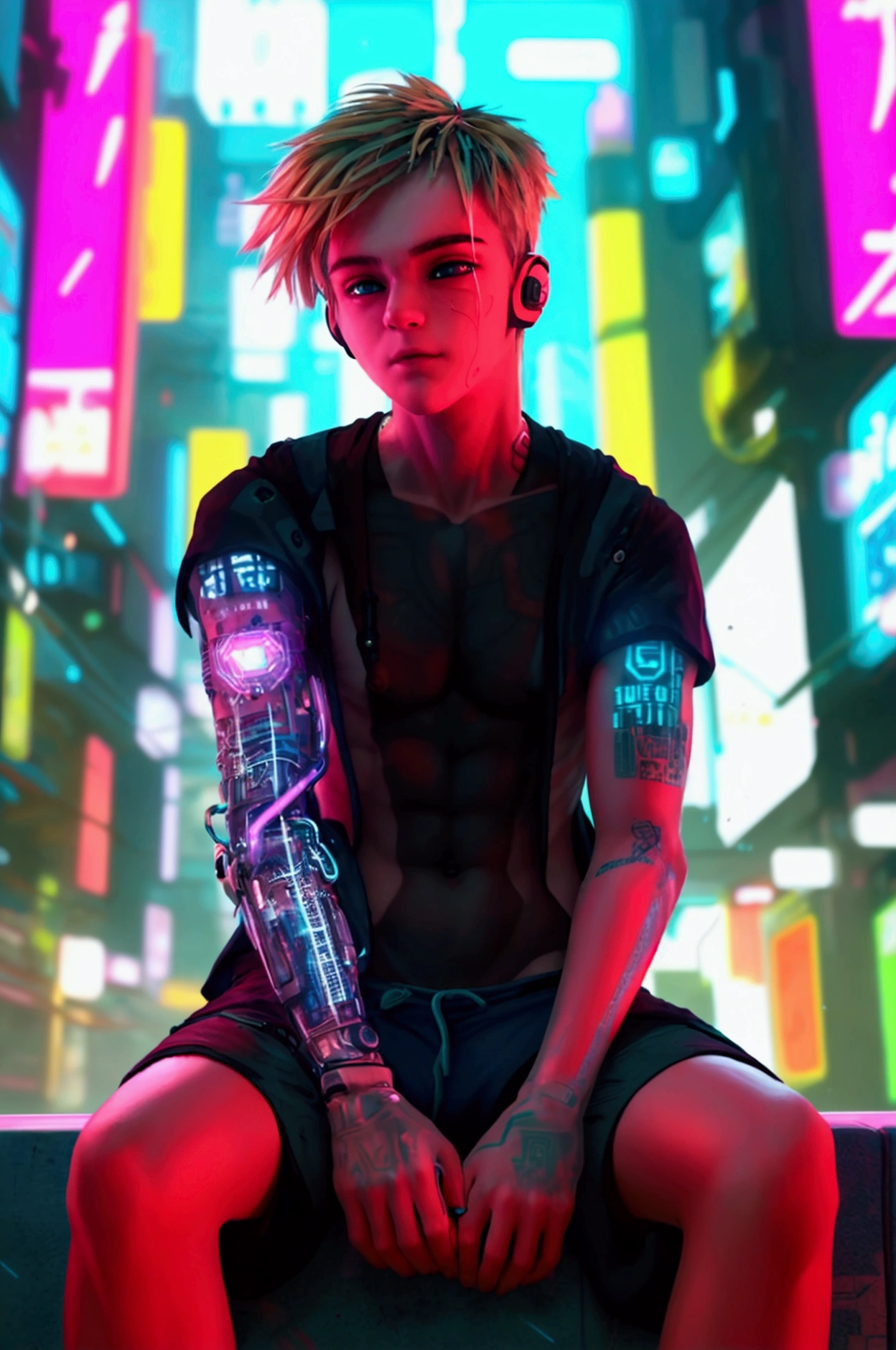 ((full-body shirtless photo of a young  male cute boyish imature (((Shirtless))) 18yo cyberpunk teenager)), cyberpunk technology beautifully implanted in his arm, Innocent face, innocent expression, ((barechested cyberpunk netrunner boy)), super skinny, blond, handsome, cute handsome boyish face, only wearing a super tight cyberpunk shorts. hyperrealism photo. Full-body male focus. (Focus on male cuteness.)  Perfect anatomical proportions. Sitting casually  for his photograph in front of an intricately designed cyberpunk  mega-structure  with many intricate cyberpunk holographic advertisements and details. Exciting  cyberpunk Metropolitan setting. Perfect face. 1 tattoo and a glowing cyberpunk implant on his arm. ((Not muscular)) no shirt