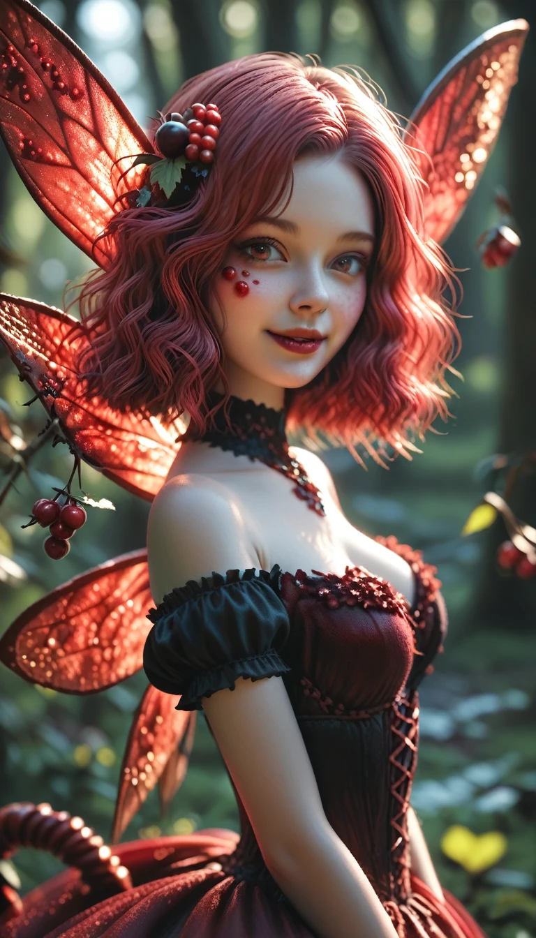 Realistic, (1girl)(solo)(gothic fairy)(demon horns)(demon tail)(dark insect wings)(back view)(dark night)(dark forest)(flying on dark fantasy forest)(glowing flowers)(wide view)(perfect hand)(expressive eyes)(perfect face)((Masterpiece))((best quality))(Score_9, score_8, score_7_up)(8k)(anatomy correct)(perfect anatomy)(ultra details)Cranberry, demon girl, cranberry clothes, cranberry hair, cranberry skin, cranberry wings, cranberry tail,  Gothic face, cranberry background, perfect wings, perfect tail