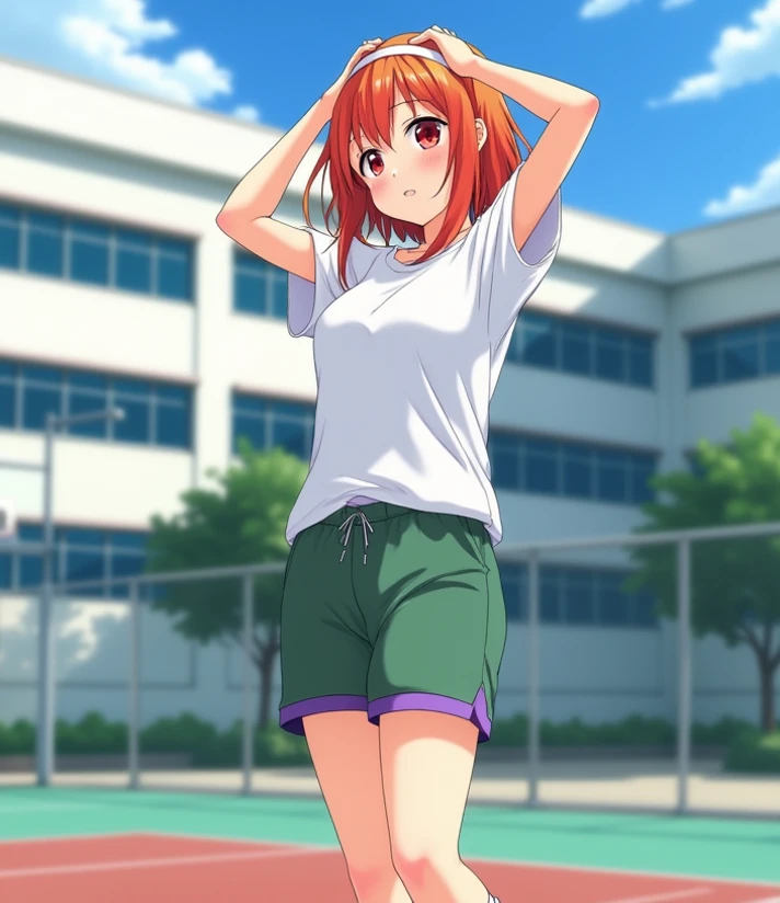 ((masutepiece, Best Quality, hight resolution, nffsw, Perfect Pixel, depth of fields, 4K, )), 1girl in, Solo, , Beautiful anime girl, Beautiful Art Style, 
squatting:1.3, garden background, Looking back,
Perfect body, grin smile,
Yuigahama Yui, Hair bun, short hair, large breasts, 

Full face blush, blue yoga pants, white tank, red face, 
straight-on:1.3, medium shot
