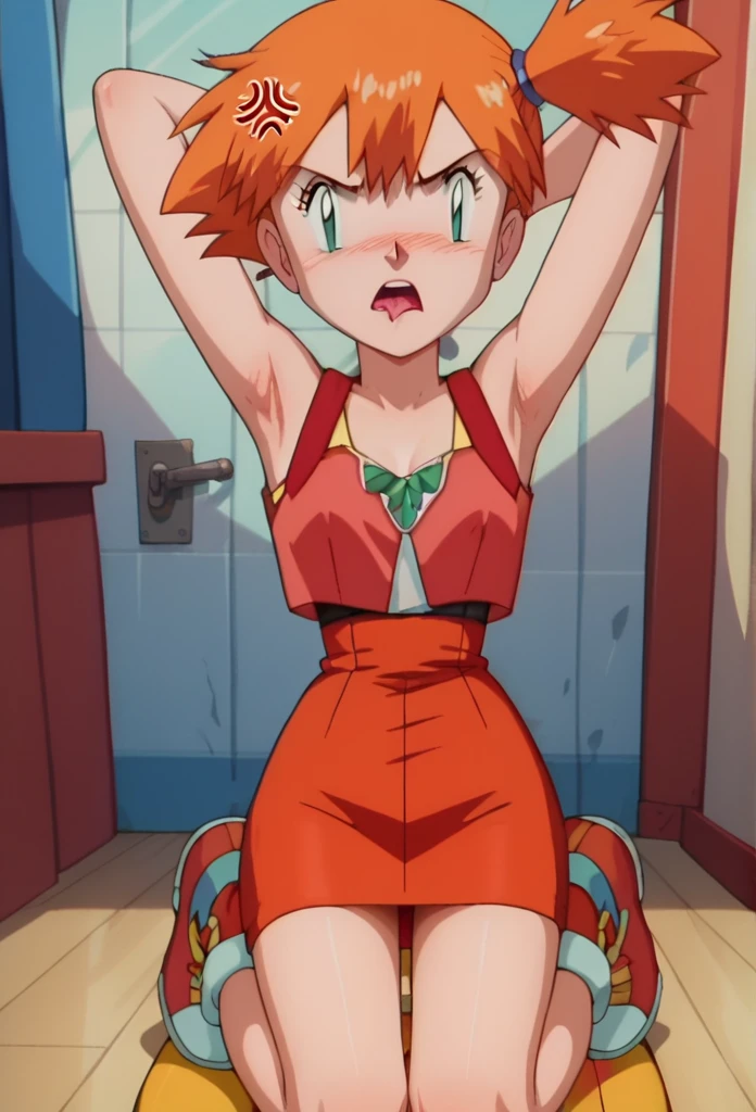 Anime screencap, score 9, score_8_up, score_7_up, scorw_6_up, source anime, pov, 1 girl, misty \(pokemon\), on knees, side ponytail, anger_expression, (thin_waist), (flat_chest), arms up, armpit, licking armpit, 1boy