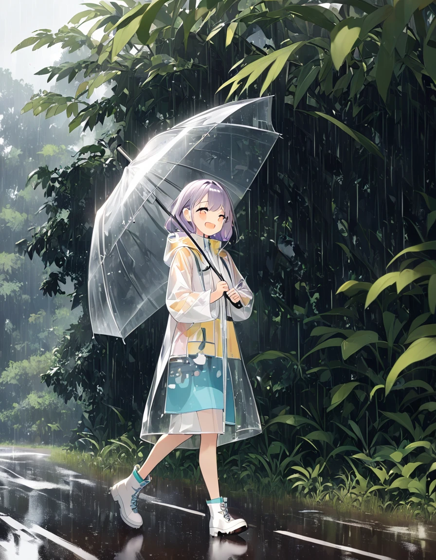 A girl with a happy expression walks, turn around , It's Raining Hard ,Holding a transparent umbrella, transparent raincoat for full nudity,Boots, Countryside Village with an Umbrella in Both Hands ,,,,,,,,,,Whole body expression, Dynamic Angle,,,,,Glass