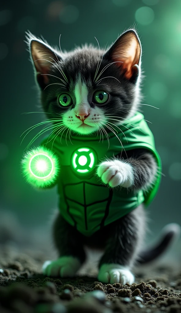 Cat-lantern" - A green-eyed, black cat wearing a glowing green suit with a small lantern emblem on its chest, similar to Green Lantern. The cat is floating in space, creating green energy constructs with its paws.