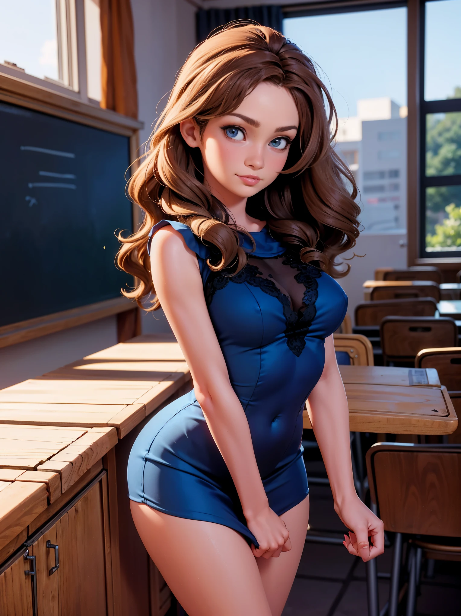 a beautiful young female teacher, elegant dress, flirtatious expression, long brown hair, blue eyes, warm smile, standing in a classroom, sunlight through windows, chalkboard in background, detailed facial features, photorealistic, cinematic lighting, highly detailed, 8k, award winning digital art