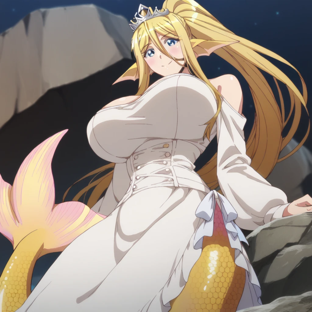 Mermaid, yellow mermaid tail, mermaid tail below waistline, scales mermaid tail, long hair, blonde hair, ponytail hair, blue eyes, fin ears, yellow fin ears, large breasts, crown ornament hair, long sleeve wedding dress, belly, gown skirt, sit on rock at beach, night, smile, large breasts,