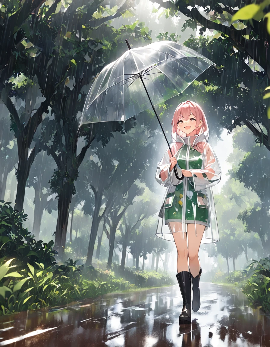 A girl with a happy expression walks, turn around , It's Raining Hard ,Holding a transparent umbrella, transparent raincoat for full nudity,Boots, Countryside Village with an Umbrella in Both Hands ,,,Whole body expression, Dynamic Angle,Glass