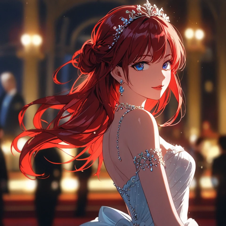 “Create a female character with long cherry red hair, sharp eyes like a blue hawk. She wears a long French retro style dress, luxurious and suitable for a red carpet event. She is tall and beautiful, and her face is decorated with a bright smile. She is standing at a ball.”