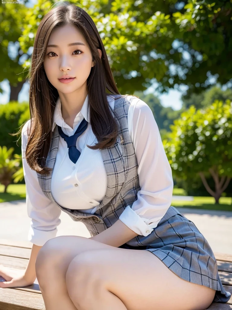 8k, best quality, masterpiece, Ultra-detailed, 超A high definition , Photographically,  RAW photos ,  looking for something in an absurd ,   absolute resolution  ,  one girl , Alone,  viewers who show the full nudity, a pretty young Japanese girl ,Super cute face, Attractive appearance, Big Breasts,  long bob hair  ,smile,( school uniform:1.3),( she's sitting on a park bench with big tree , pull up grey checked uniform mini skirt ,expand legs slightly,White Panties Visible ) , glossy lips, single eyelids ,   natural makeup,  long shiny, smooth light brown bob hair,  symmetrical bang, shiny skin, Center image,  high definition ,  high details, Detailed hairstyle,  detailed face , STUNNING CINEMATIC LIGHTING ,  octern rendering ,  vibrant , hyper realistic, Perfect body, perfect anatomy