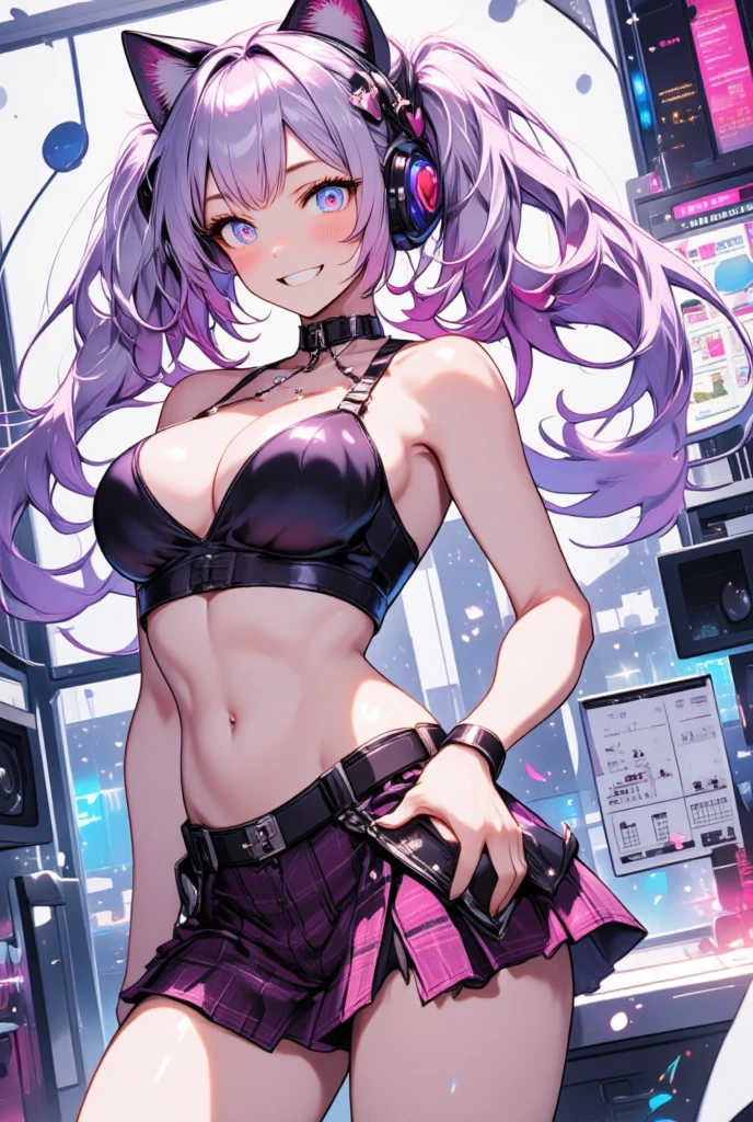 1girl, aldult, (multicolored hair:1.2, colored inner hair, rainbow hair, huge twintails), behind-the-head headphones, heart hair ornament, musical note hair ornament, musical note hair ornament, mismatched pupils, aqua eyes, cat ear headphones, grin, (Bustier, Abdomen and navel are visible,  shows shoulders, Armpit,  Big Breasts ,  soft breasts , anatomically correct), ( Red and Black Plaid Mini Skirt, Sheer Black Garter Belt , Slender legs),  Wave at Viewers, (UHD, masterpiece:1.2, best quality,  highres icon, anatomically correct:1.4),  background with musical notes and music chord chart motifs:1.2, Elevation:1.1