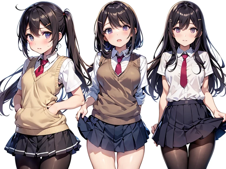 (((masterpiece, Highest quality, High resolution, 超High resolution, Pixel perfect, Written boundary depth, 4K, RTTX10.0, High resolution))), Beautiful Anime Women, Beautiful art style, Anime characters, ((Long Hair, bangs, Dark brown hair, ponytail)), ((Smooth texture, Realistic texture, Anime CG Style)), Perfect body, (Slender body:1.2), Exact finger count、Exact number of legs、(Exact number of arms:1.0, Exact number of hands:1.0), (Three women standing side by side, Lean your torso against the table to expose your buttocks., Angle from above the back:1.3), (Fashionable white shirt, Sailor collar, Knee-high socks, loafers, Pleated mini skirt:1.3), Realistic, Highest quality, High resolution, Perfect lighting, Highly detailed CG, (Perfect hands, Perfect Anatomy), (School classroom:1.3), Daytime lighting, whole body, ((Stylish shiny satin panties, side-tie white panties, Black lace trim :1.3)), (Beautiful and thin thighs、Beautiful little ass:1.3),cum in pussy,nsfw