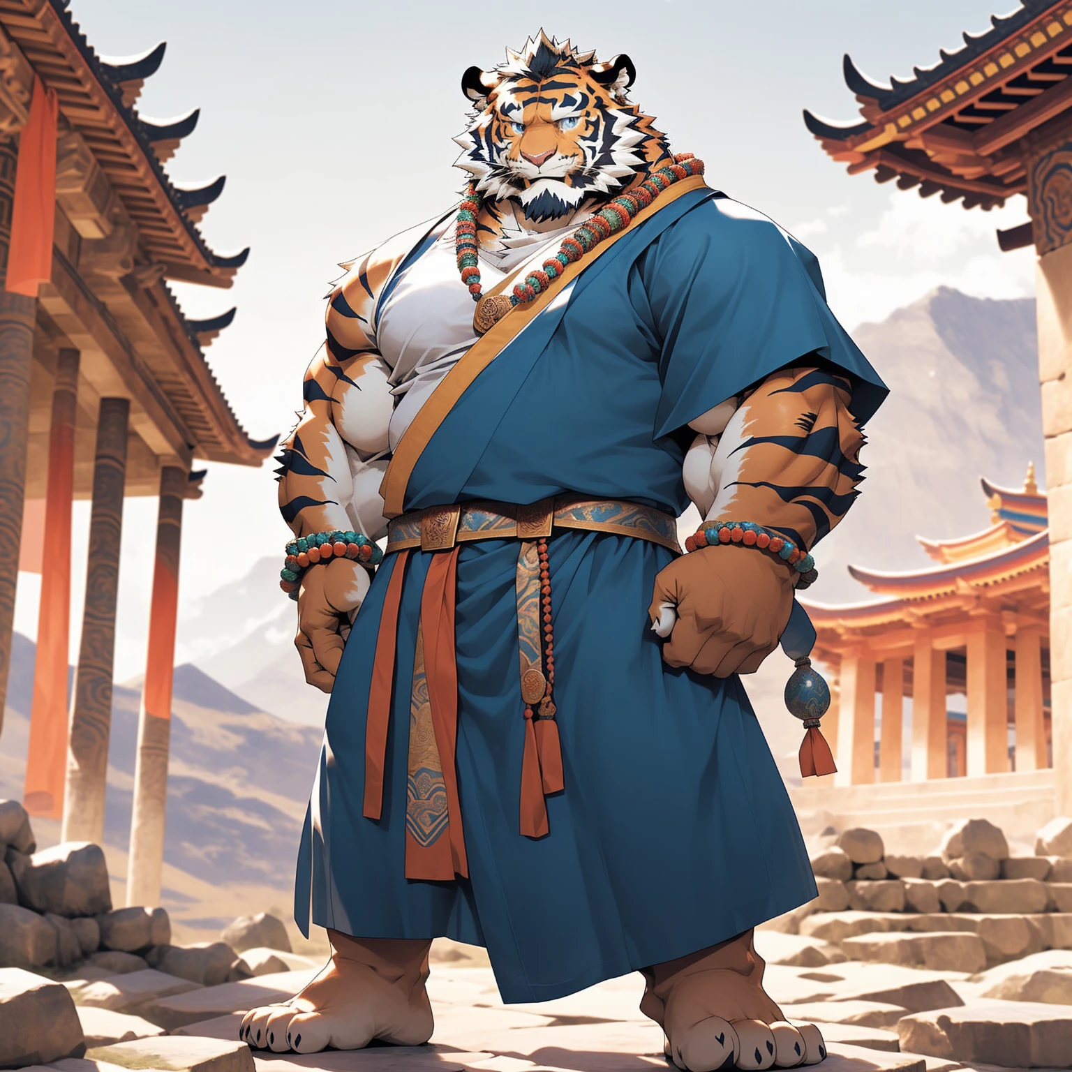 Standing on a plateau ， Muscular and burly tigers wearing Buddhist beads and Tibetan robes furry blue eyes, Beautiful Hero Stance ,A perfect masterpiece, various facial details ,temple,beard,(Face line),Middle-aged people stand muscular and confident 