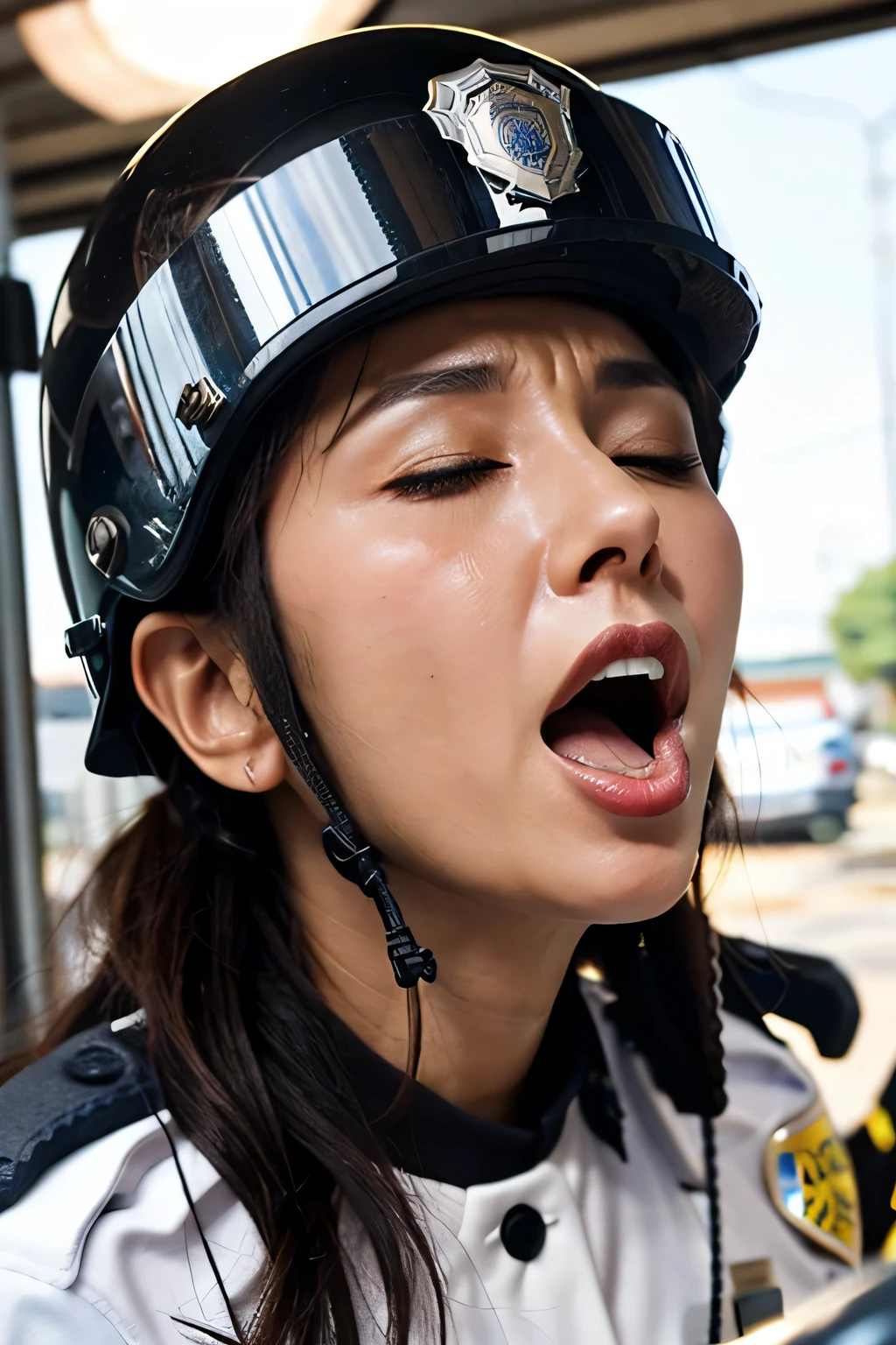 Beautiful Japanese actresses,Flying debris,Award-winning photo,  Very detailed,  edge orgasm ,  woman with her mouth open and her eyes closed , Sweaty skin、 Light that makes shiny sweat stand out {{{Please spread the word }}},  black hair、((Female police officer wearing a helmet,))