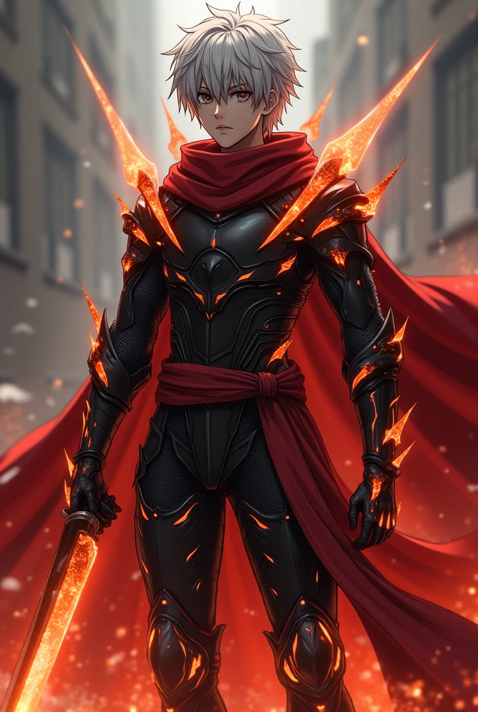 Create a design of an alternate Shirou Emiya character from Fate/Stay Night series. That trace with his body instead of projecting weapons external his body projects molten metal blades and burnt black bladed armor smelted to geather using superheated metal like segments across his body with a red shroud covering his arms and shoulders with a half made red cloak wrapped around his waist. He look like the younger version of Archer Emiya from the Fate/Stay Night Series, with Sliver white hair, steely gray eyes, and dark complexion.