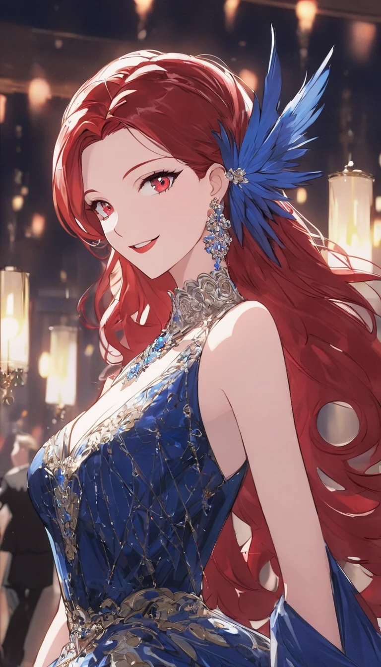 “Create a female character with long cherry red hair, sharp eyes like a blue hawk. She wears a long French retro style dress, luxurious and suitable for a red carpet event. She is tall and beautiful, and her face is decorated with a bright smile. She is standing at a ball.”