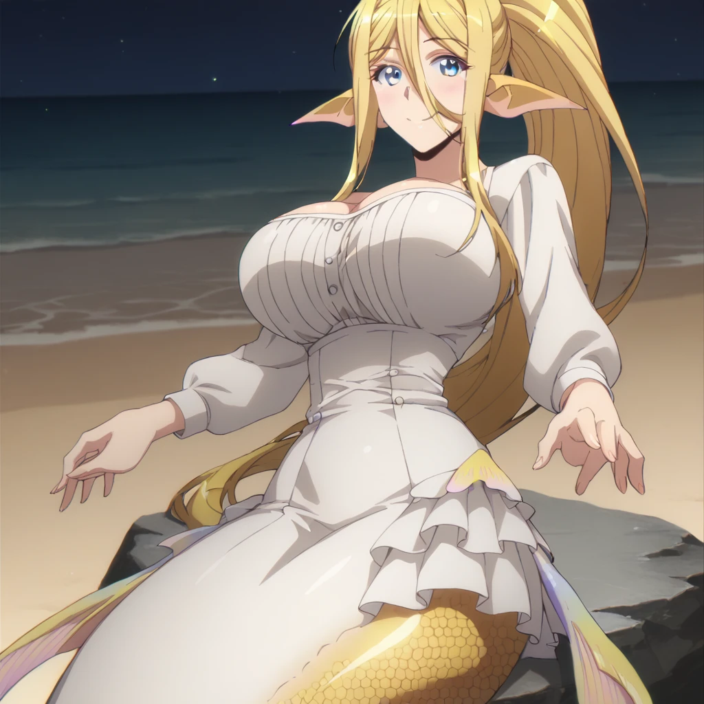 Yellow Mermaid, yellow mermaid tail, yellow mermaid tail below waistline, scales yellow mermaid tail, long hair, blonde hair, ponytail hair, blue eyes, fin ears, yellow fin ears, large breasts, crown ornament hair, long sleeve white wedding dress, belly, white gown skirt, sit on rock at beach, night, smile, large breasts, looking at viewer, POV