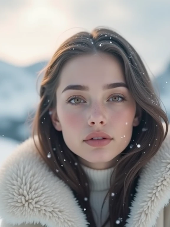 best ratio four finger and one thumb, attractive stunning Ukrainian woman, (messy bun),  skin pores, behind glacial mountains, snow, (high detailed skin:1.1), film grain, Fujifilm XT3, (high detailed face:1.1), (soothing tones:1.25), (hdr:1.25), (artstation:1.2), dramatic, (intricate details:1.14), (hyperrealistic 3d render:1.16), (filmic:0.55), (rutkowski:1.1), (faded:1.3), ((partially exposed