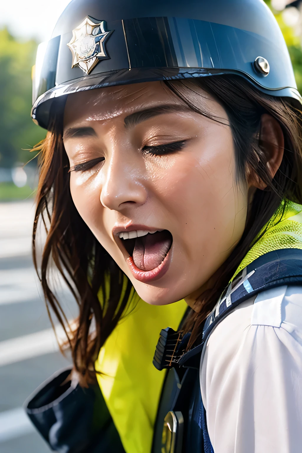 Beautiful Japanese actresses,Flying debris,Award-winning photo,  Very detailed,  edge orgasm ,  woman with her mouth open and her eyes closed , Sweaty skin、 Light that makes shiny sweat stand out {{{Please spread the word }}},  black hair、((Female police officer wearing a helmet,))