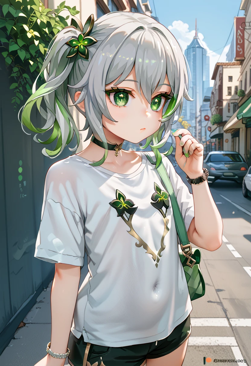 masterpiece ,  best quality,Nahida(Genshin Impact),  1 girl  ,  white shirt:1.5 , side ponytail ,Gray Hair ,  multicolor hair, Green Eyes, Casual clothes ,  have  ,  black choker , bag ,  green hair,Busy road , Urban Life 