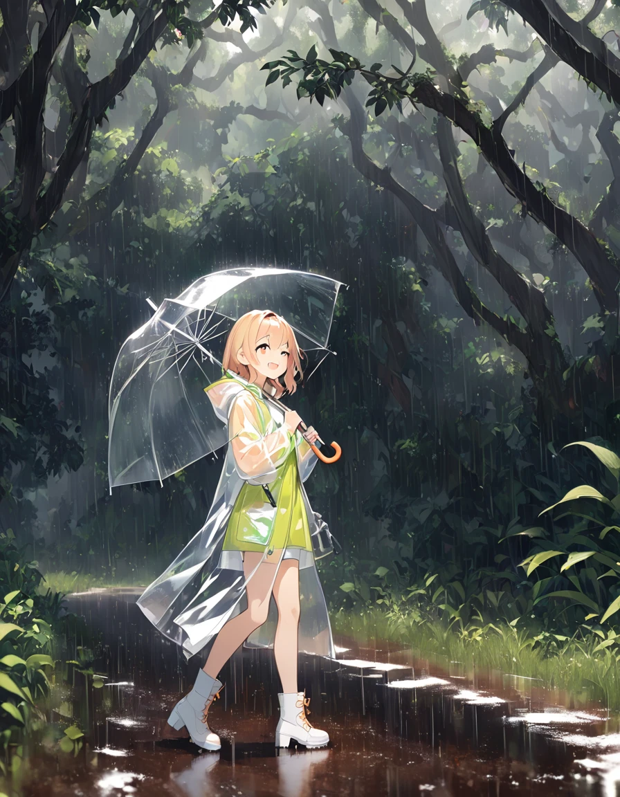 A girl with a happy expression walks, turn around , It's Raining Hard ,Holding a transparent umbrella, transparent raincoat for full nudity,Boots, Countryside Village with an Umbrella in Both Hands ,,,Whole body expression, Dynamic Angle,Glass