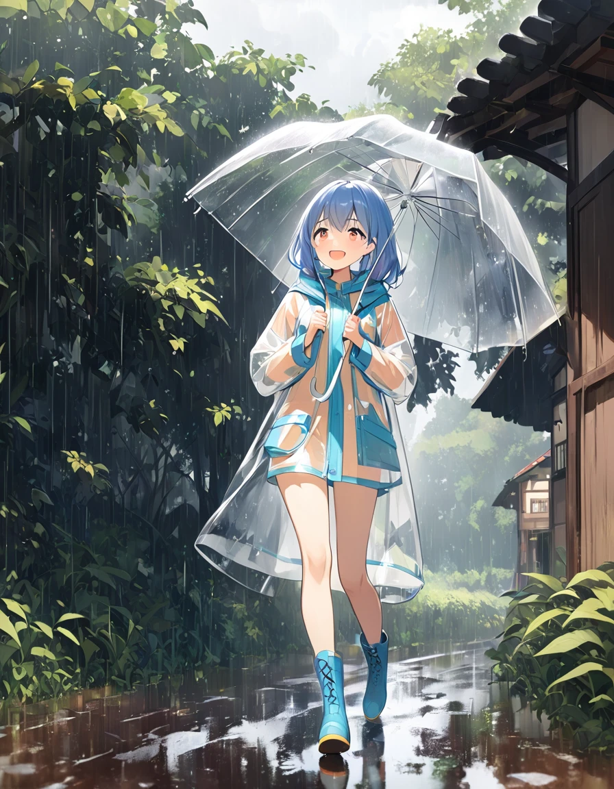 A girl with a happy expression walks, turn around , It's Raining Hard ,Holding a transparent umbrella, transparent raincoat for full nudity,Boots, Countryside Village with an Umbrella in Both Hands ,,,Whole body expression, Dynamic Angle,Glass