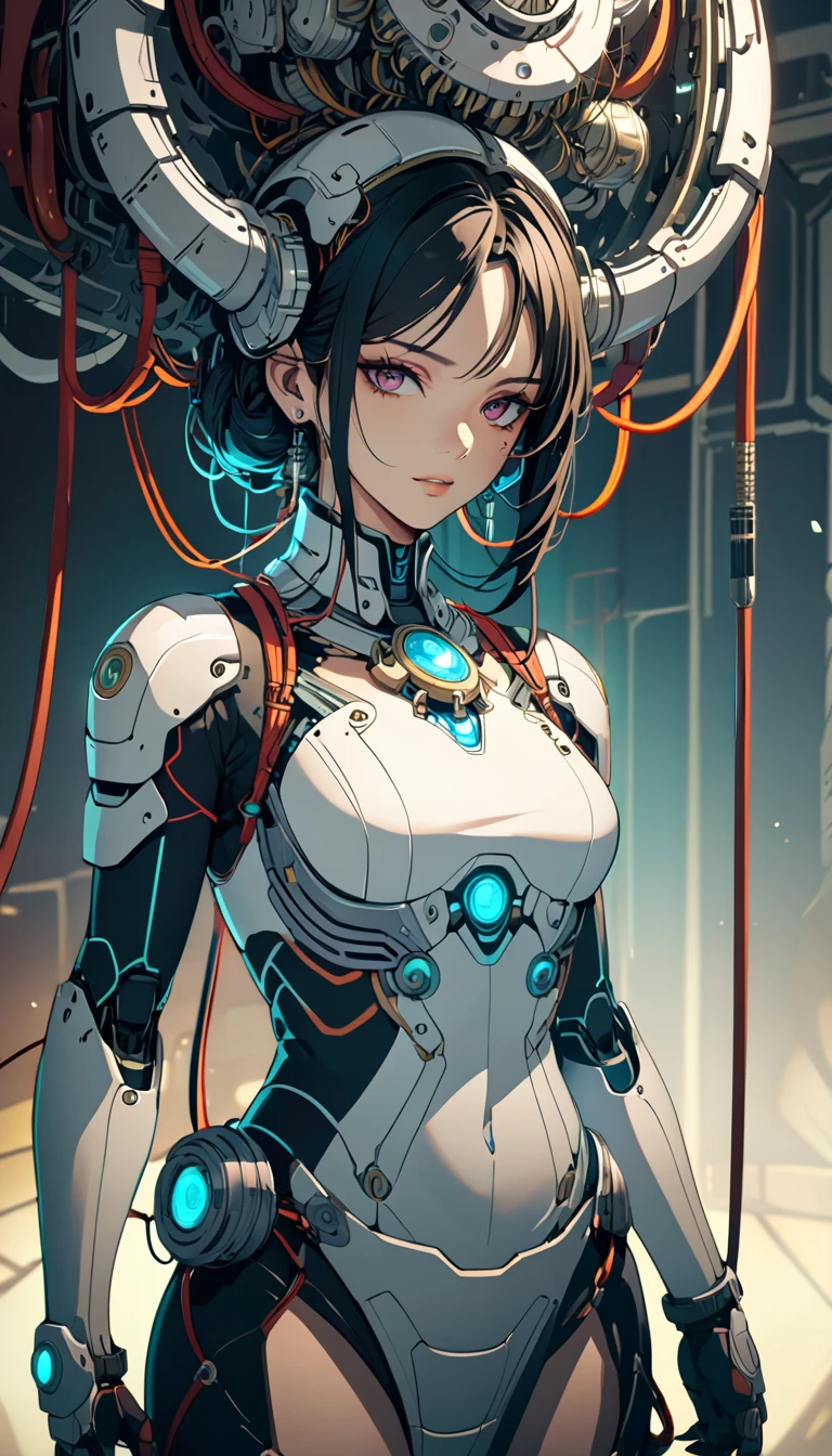 masterpiece,best quality,1mechanical girl,detailed face,shadows,8k,ultra sharp,metal,intricate,ornaments detailed,cold colors,egypician detail,highly intricate details,rending on cgsociety,facing camera,machanical limbs,mechanical cervial attaching to neck,wires and cables connecting to head,killing machine,ghost in the shell,((anime art style)),