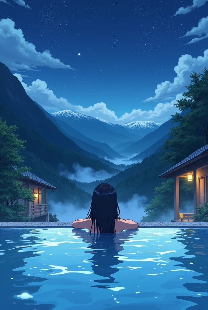 watercolor, Japanese girls, upped black hair, naked upper body, bathing onsen, sitting side by side, backlit silhouette, from behind, sunset, mountain view