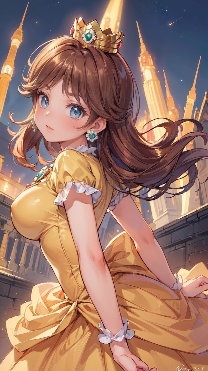 ((((masterpiece, best quality ,Ultra delicate, perfect face,detailed face,Detailed eyes,16k,high resolution,solo)))),Princess daisy super mario, brown hair, blue eyes, short products hair, gold princess crown, santa costume:2.0,full body shot,large breasts