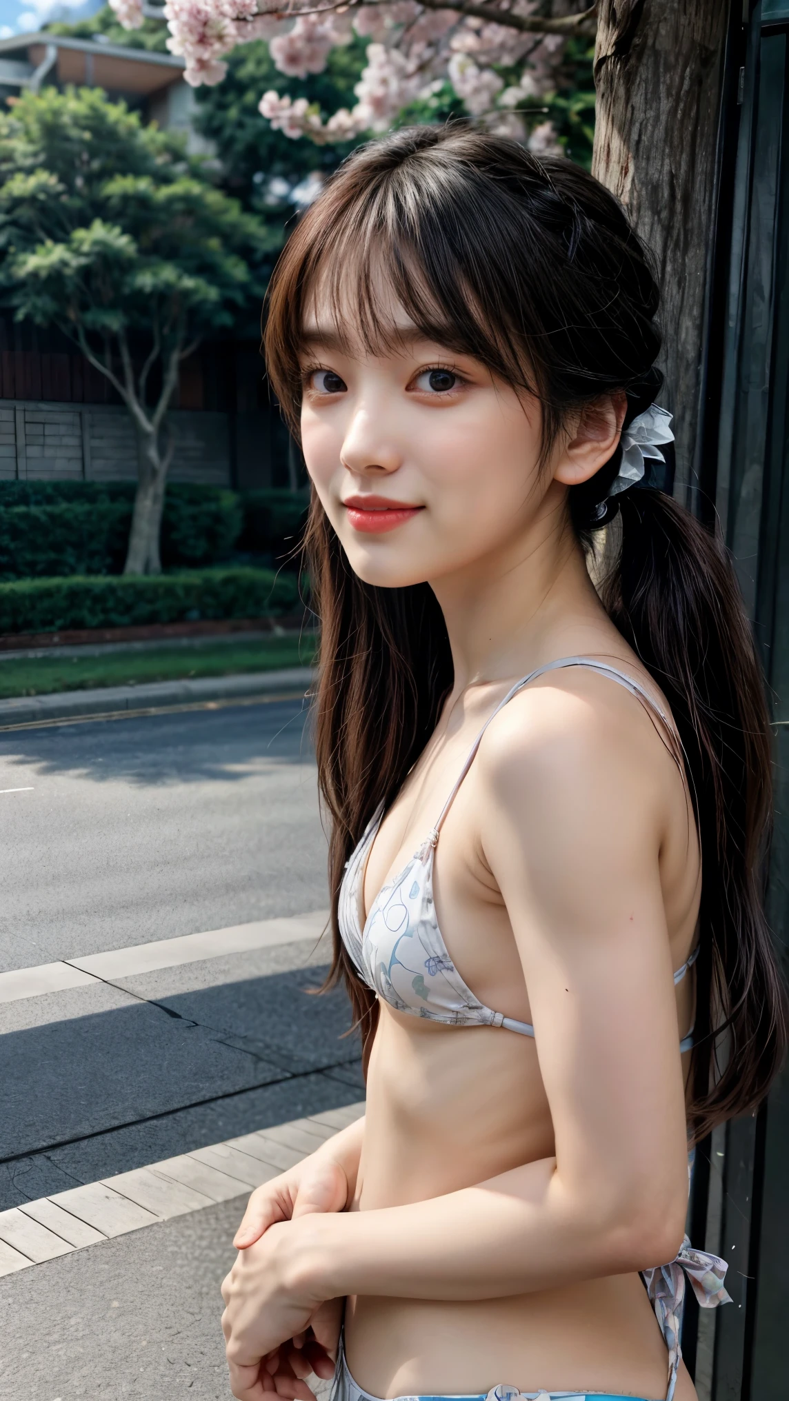 (realistic, photo-realistic:1.2), (masterpiece, best quality), high resolution, intricate details, extremely detailed, sharp focus, cinematic lighting, full body, solo, 1girl, a young ite girl, little bodybuilder, (micro bikini, flat chest, standing leaning forward, forward bending:1.4), (dark hair, twintails hair, hair scrunchie), pale skin, (detailed face, detailed eyes, sophisticated nose, make-up-less:1.2), (smile), perfect anatomy, photo background, outdoors, cherry blossoms, blue sky and clouds, crowds in background,