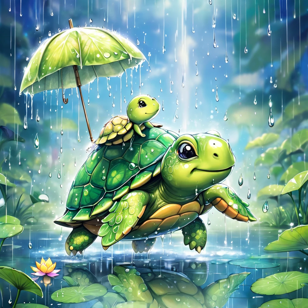 conceptual installation cute illustration fantasy art, turtle walking in the rain, fairy riding on its back with large lotus leaf as umbrella, smile, cloudy sky, rain, raindrops, watercolor painting (pouring, dripping, puddling techniques), blurred painting, water-based paint effects, delicate and dynamic textures, contrasts of light and shadow, 2.5D, ultra detailed, absolutely resolution, best quality