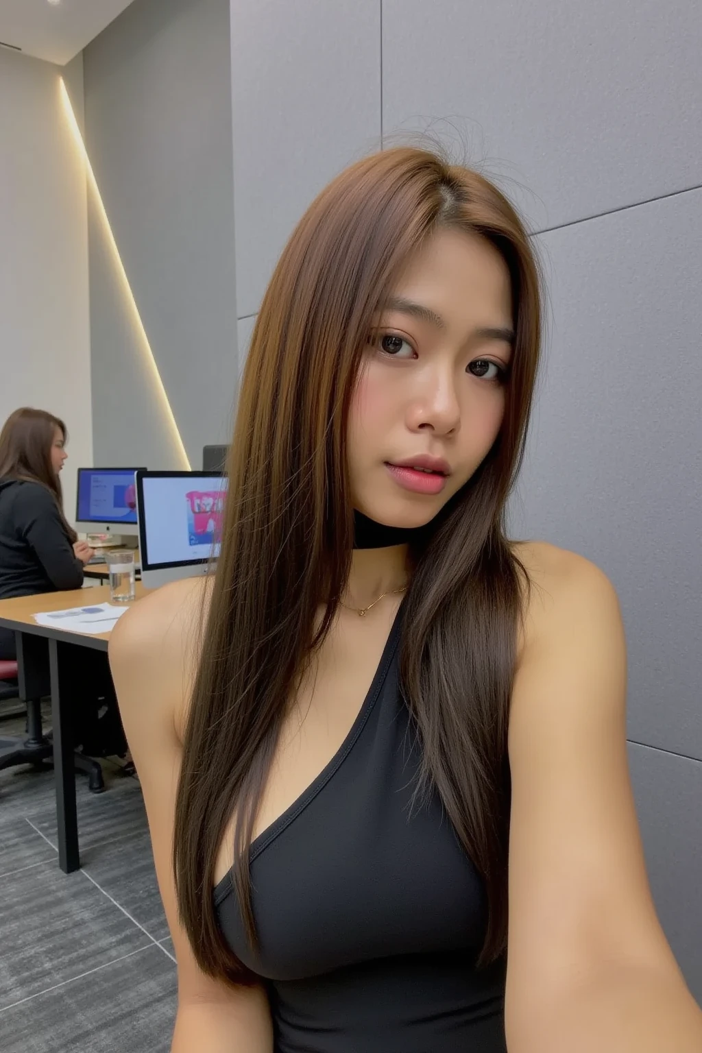 POV selfie 。Big Boobs。 wear a sports suit from a high-end fashion brand, fall clothes。In the morning in a luxury gym 。