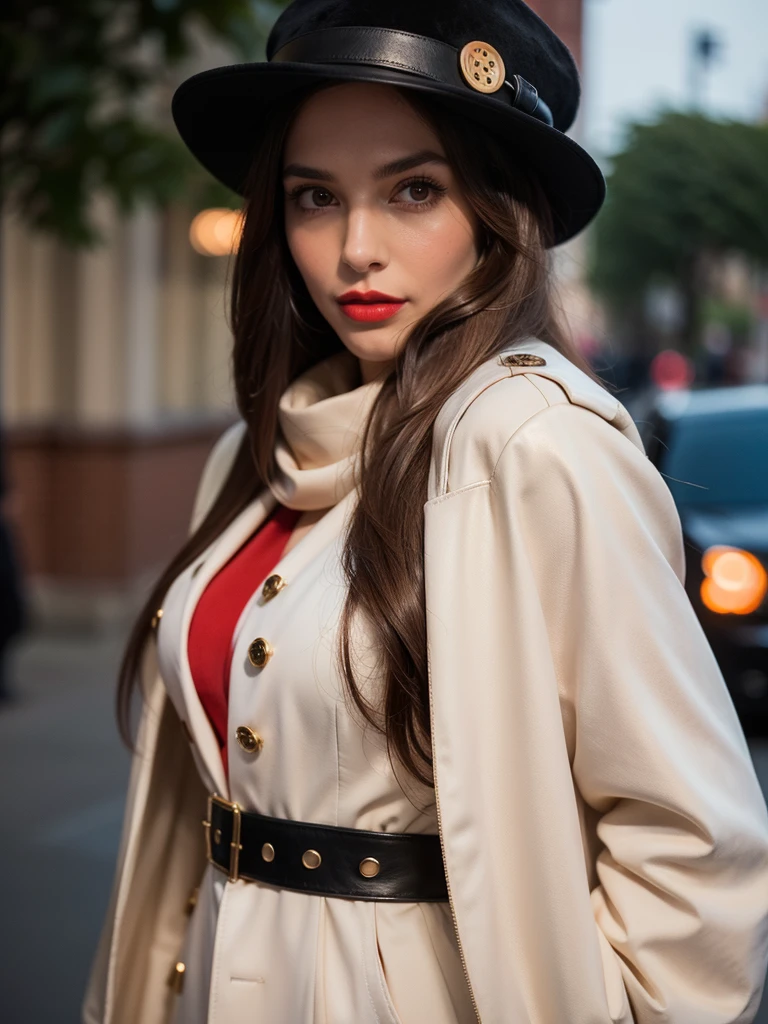 A half-body portrait of a gorgeous, stunning, long brown-haired Argentinian woman, straight hair with bangs, fair porcelain skin, elegant make-up with scarlet red lipstick, long black leather coat with buttons, white-pink sweater, black trousers, scarf, boots, black leathe newsboy cap, classic leather backpack, charming countenance, posing for camera, high resolution photograph, UHD, golden ratio, ultra fine details.