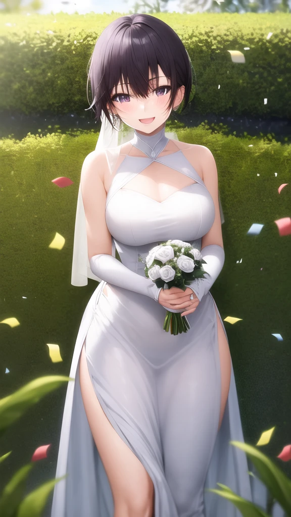 masterpiece, best quality, girl, solo, looking at viewer, amane_fujimiya, large breasts, wedding dress, standing, garden, confetti, holding bouquet, smile, open mouth,