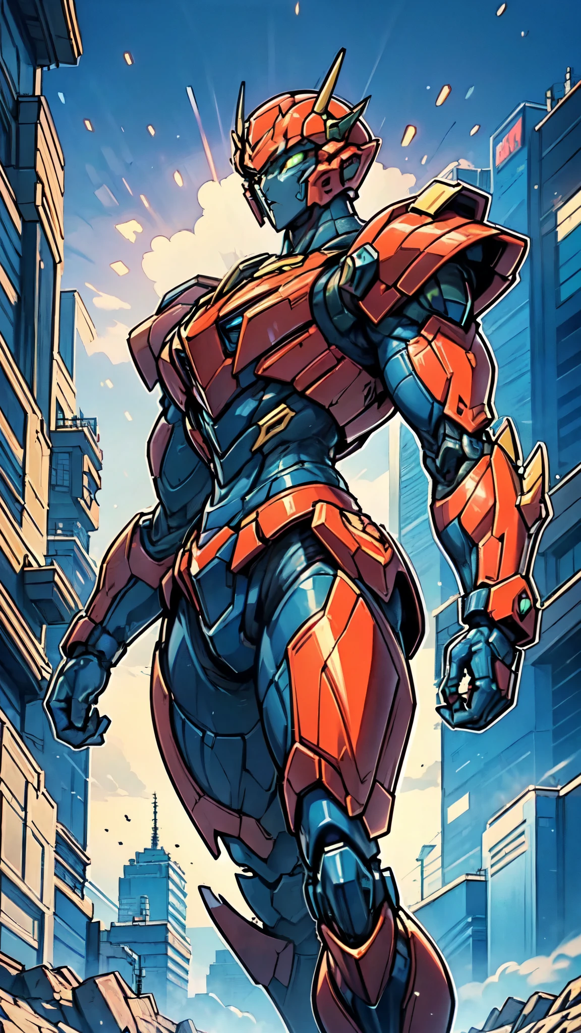 (masterpiece:1.5, best quality:1.5, extremely delicate:1.5, dynamic angle:1.5), ((male:1.5)), Biomimetic humanoid Mecha, green eyes, fully enclosed shoulder guards, matching arm and leg guards, gemstone, full body, full armor, the design balances heavy with agility, organic biotech armor, (the color scheme is primarily Red and White with Black and Golden accents, concept Inspired by Super Robot, glowing eyes, the armor glows), standing, floating high above the futuristic sci-fi city, a finely crafted Super robot in anime style, exquisite and mature art style, metallic, dramatic, high definition, highres, ultra-detailed, ultra-fine painting, professional, anatomically correct, symmetrical face, extremely detailed eyes and face, high quality eyes, creativity, RAW photo, UHD, 32k, Natural light, cinematic lighting, (masterpiece-anatomy-perfect:1.2)