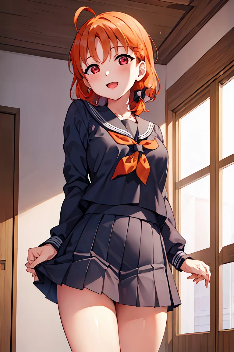  best quality, masterpiece,  high definition , Alone, {Takami_Chika_ Love Live Sunshine:1.15},  orange_hair, red_eye, short_hair, Ahoge, 前hair, smile, ,  braided , hair_ small hips , open_mouth, bow, side_ braided , hair_bow, chest,  1 girl , Watching_in_ viewer, School_uniform, Seraph,  upper with t_body, Uranohoshi_School_uniform, null