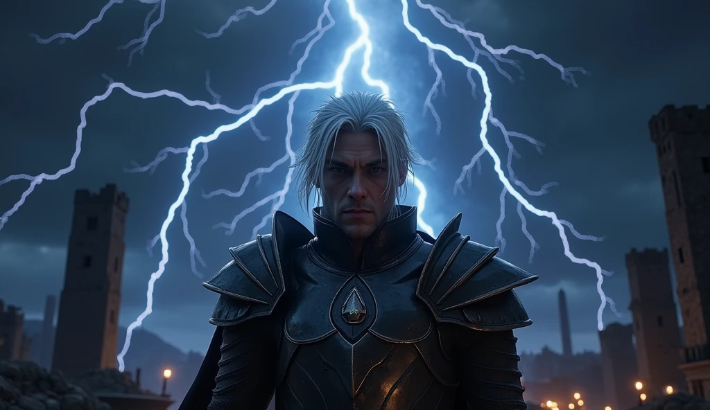 (masterpiece), 1man, 30 years old man, thanatos, armor, male face, full body shot, storm, thunderbolt, thunder, lightning, aggressive, (frowned), manly face, night sky, full body, ((white hair)), (dynamic pose), shadows, ruins, destruction, evil, scary, sinister, (((perfect hands))), perfect face, starry sky, milky way, helmet, radiating aura, ripples, better hands, outdoors, BREAK, full body shot, photorealistic, best quality, (extremely detailed CG unity 64k wallpaper), ultra-high resolution, ultra-high definition, maximalist, 64k UHD, highres, intricate, intricate details, absurdres, highly detailed, finely detailed, ultra-detailed, ultra-high texture quality, DLSR, RTX, (HDR), detailed textures, ultra-high pixel detail, professionally color graded, full color depth, sharp focus, volumetric lighting, natural shadow, dramatic shading, dramatic lighting,