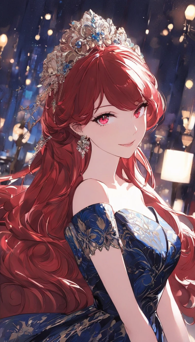 “Create a female character with long cherry red hair, sharp eyes like a blue hawk. She wears a long French retro style dress, luxurious and suitable for a red carpet event. She is tall and beautiful, and her face is decorated with a bright smile. She is standing at a ball.”