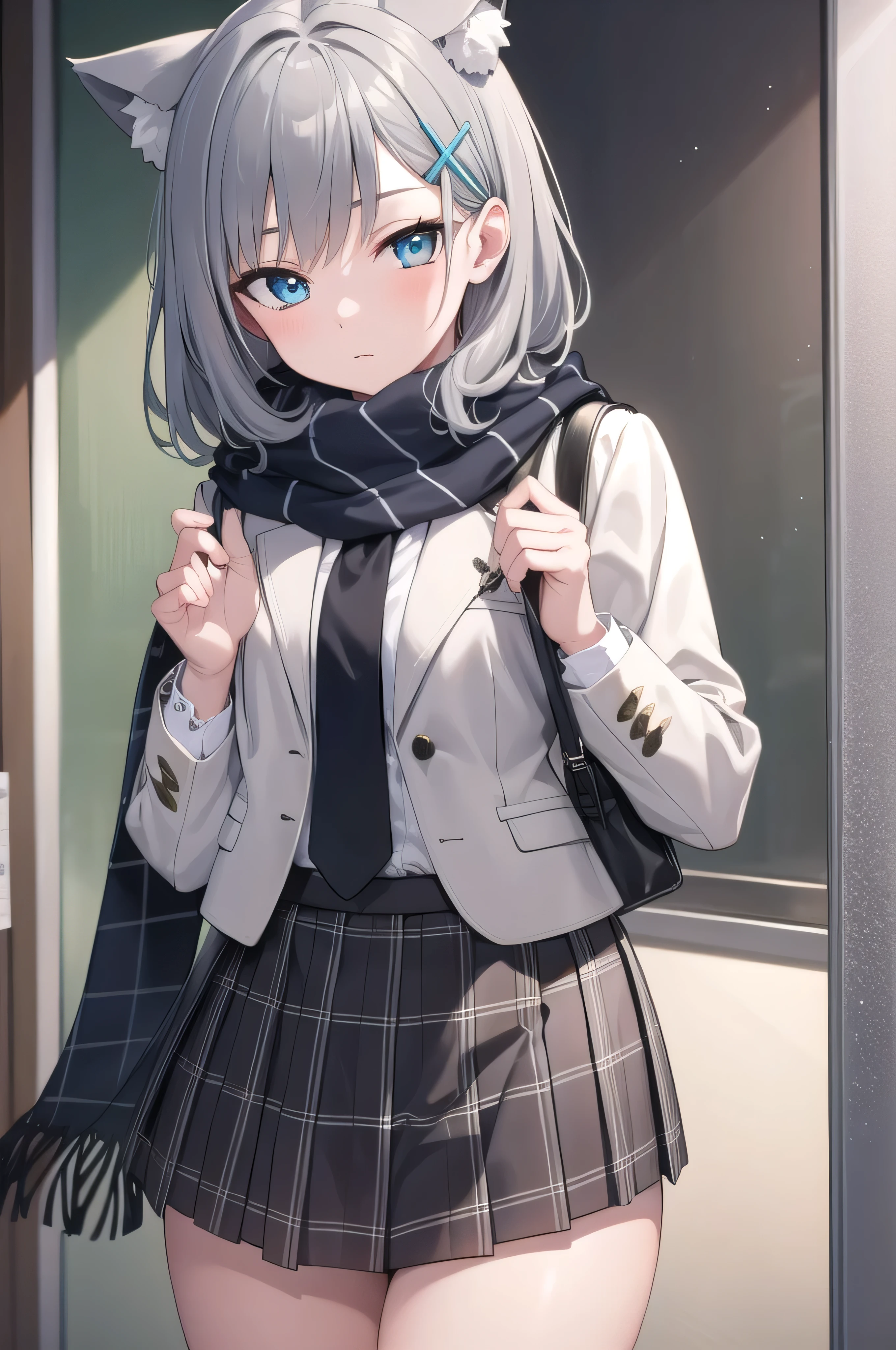 bluearchivewhite, white, animal ears , blue eyes, Grey Hair, hair accessories, hairpin, hello , Medium Hair , Year of the Wolf,
break checkered clothes, checkered skirt, , skirt, scarf,
break looking at viewer,
break indoors, classroom,
break (masterpiece:1.2), best quality , high definition , unity 8k Wallpaper , (shape:0.8), ( Beautiful attention to the smallest:1.6), has a very detailed face , perfect lighting, Highly Detailed CG, ( perfect hands , perfect anatomy),