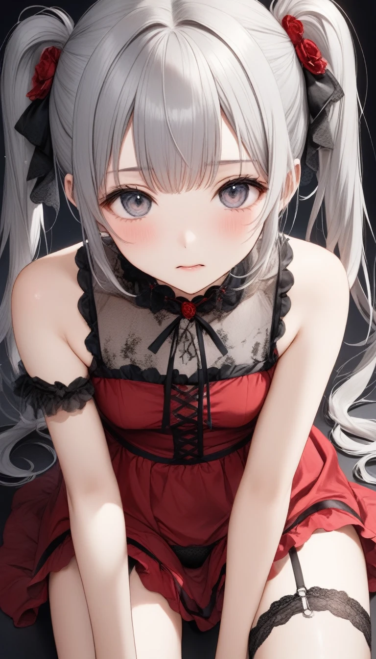Produce an anime-style image, The girl, skin black, , it has ((Red eyes)) charming. {dark-skinned} white  hair, The girl de corpo inteiro, Possession of a goddess, Portrait of character,((vertical)),Standing vertical with arms down, character sheet, vertical