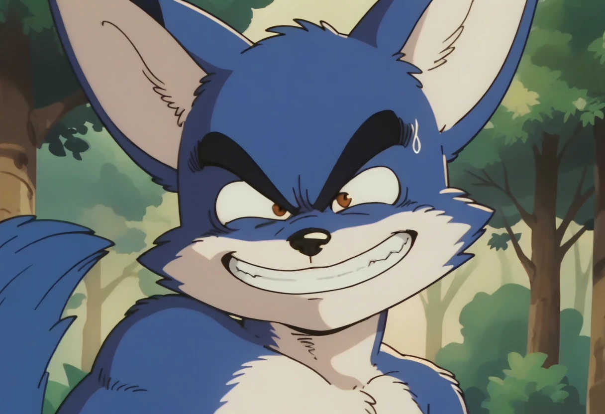 anime screencap,drgbls1, solo, anthro mobian  fox,male, tails the fox_9, score_8_up, score_7_up, score_6_up, forest, upper body, blue fur, angry smile