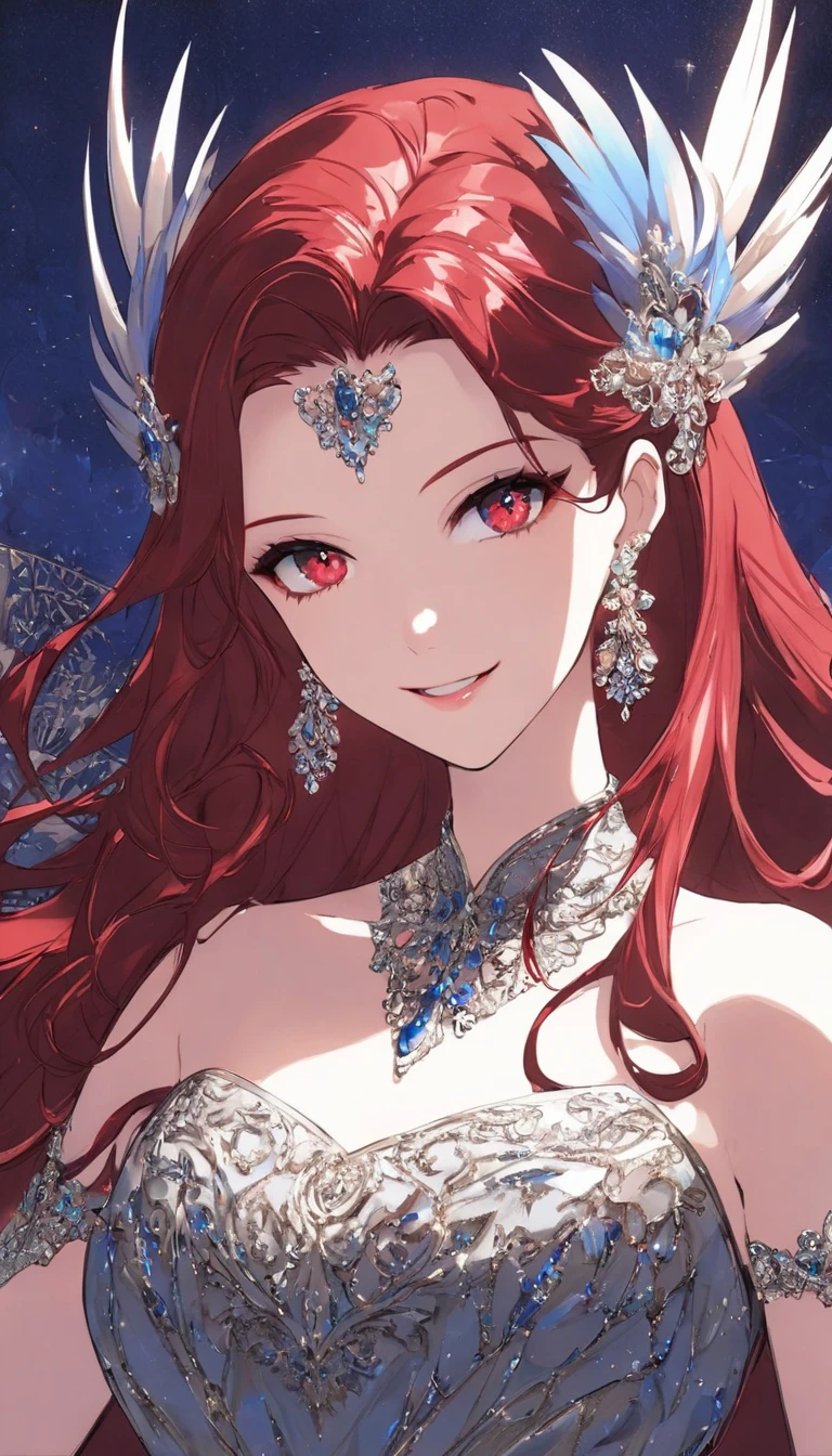 “Create a female character with long cherry red hair, sharp eyes like a blue hawk. She wears a long French retro style dress, luxurious and suitable for a red carpet event. She is tall and beautiful, and her face is decorated with a bright smile. She is standing at a ball.”