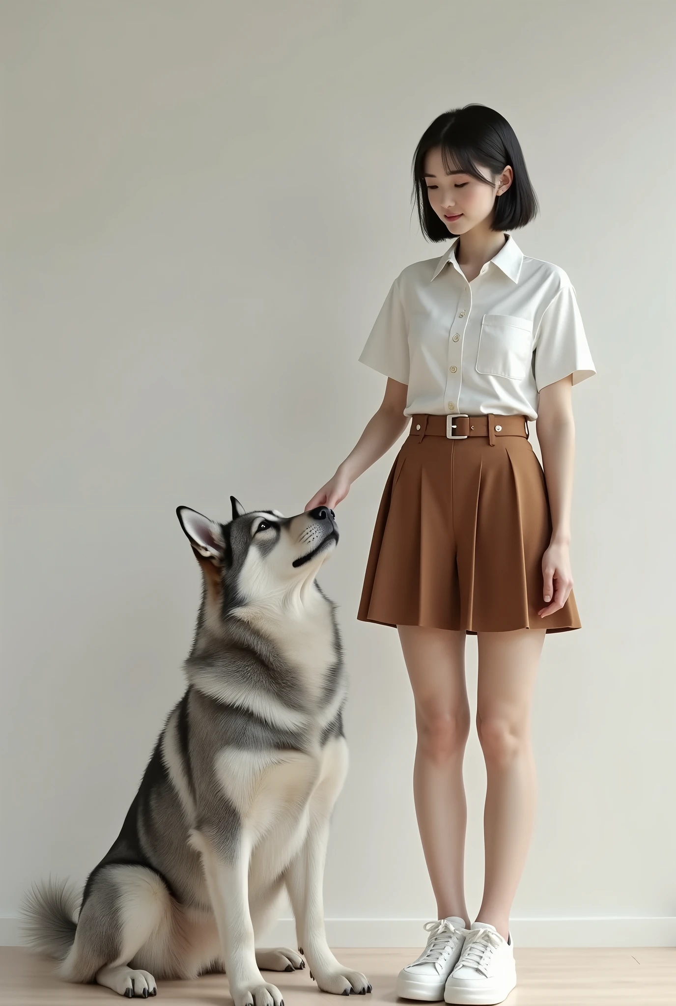 (Best quality, High resolution, Masterpiece :1.3), A tall and pretty woman, Slender abs, Dark brown hair styled in loose waves, Breasts, Wearing pendant, White button up shirt, Belt, Black skirt, (Modern architecture in background), Details exquisitely rendered in the face and skin texture, Detailed eyes, Double eyelid...is holding a dog in her hands...in a lush green park 