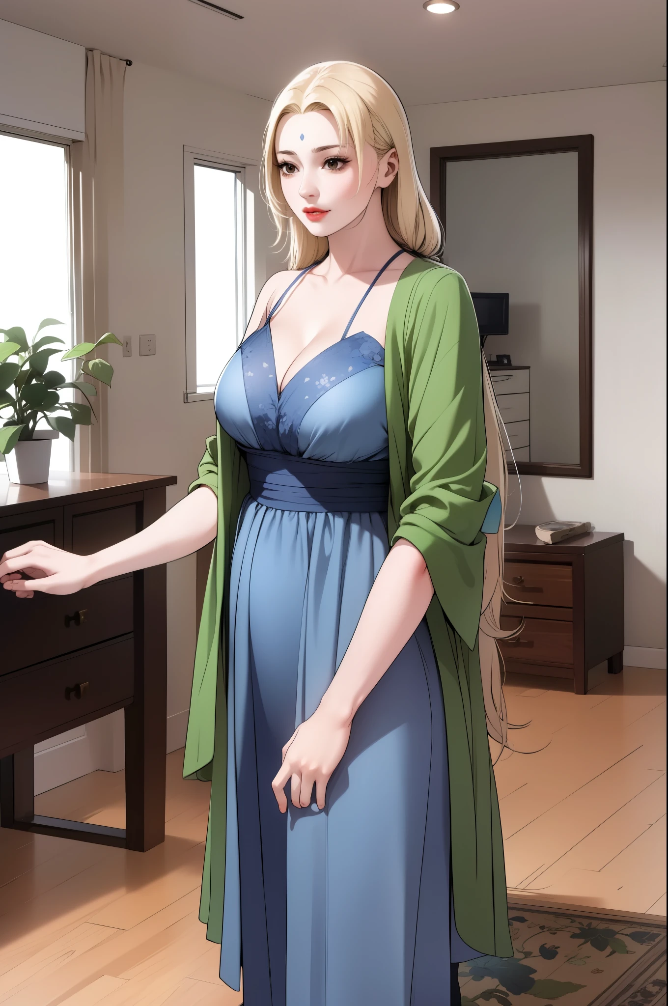 Tsunade Senju, wearing a long maxi-length blue floral dress with spaghetti straps and a v-neckline, and over it she wore a yellow cardigan in an off-shoulder style, plain smile, extremely fair white skin, extremely beautiful face, busty yet thin body, standing straight. Living room in the background, show the full body from head to feet.