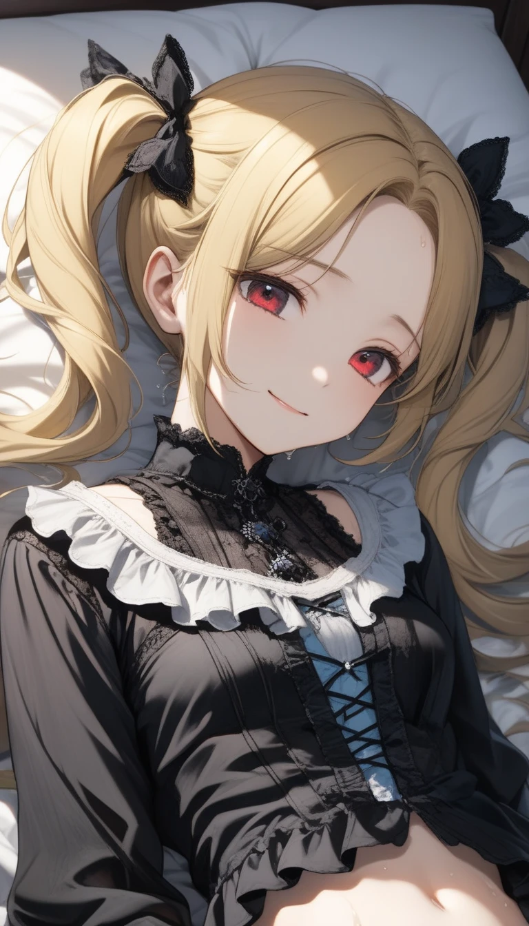 ((Biologically correct limb count))、((whole body including face))、4K、Masterpiece、((Focus on the face))、((Symmetrical, well-proportioned facial features))、Eyes with delicate depictions、(((1 person)))、Beautiful woman、Outstanding style、Slender Body、((Headband、Gothic Lolita、Red Dress、(High heels)))、(smile)、(Close-up photo of the upper body)、High angle、Look Up、Photo with white border、lie down、Prone、looking at the camera、Stretching one's legs out towards the camera、Emphasize the legs