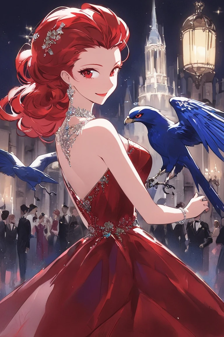 “Create a female character with long cherry red hair, sharp eyes like a blue hawk. She wears a long French retro style dress, luxurious and suitable for a red carpet event. She is tall and beautiful, and her face is decorated with a bright smile. She is standing at a ball.”