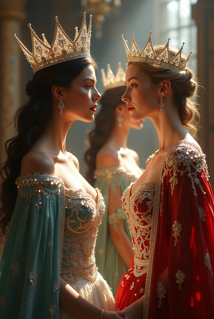 (​masterpiece, best quality:1.5), highest quality, High resolution, super detailed, Realists, Upper body of red-haired woman, long open hair, detailed and beautiful eyes, beautiful detailed lips, very detailed eyes and face, longeyelashes, Woman in short evening dress made of shiny satin fabric, Beautiful and colorful makeup, elegant and noble々Pose, Diamond crown and jewels, Gardens as background, soft daylight, bright colors, fine brushstrokes, Portrait style, Simple details in the dress fabric, beautiful color palette, glowing skin, First-class rendering, that captures every detail, enchanting atmosphere, subtle shadows and lights, (perfect anatomy:1.2), (Two stunning women are deeply in love:1.4), (kiss:1.2)