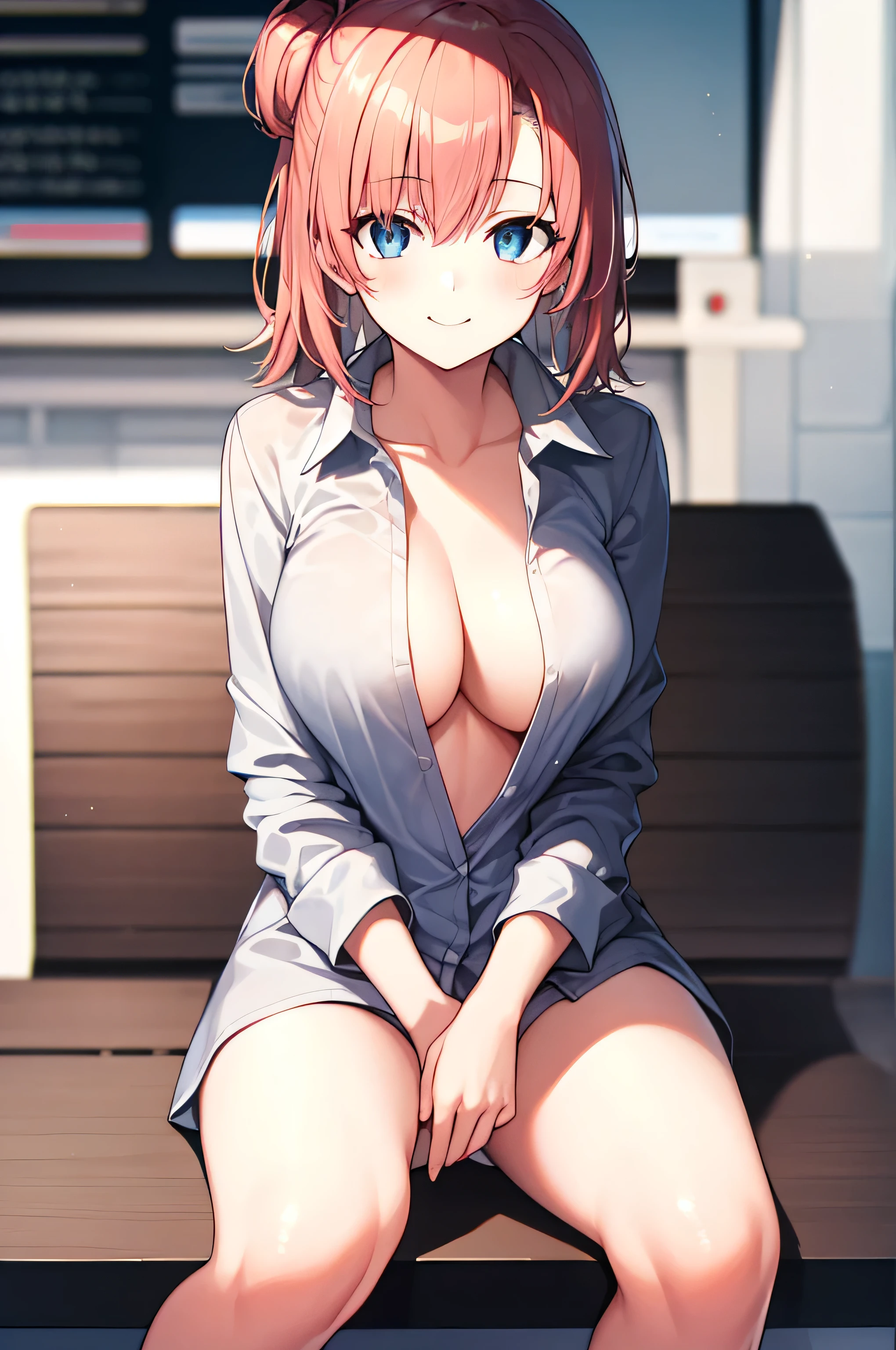 ((highest quality)), ((masterpiece)), (detailed),solo,Perfect Face,(detailedな青い目):1.5,cute,,sexy,high school girl,((Full nudity)):1.5((Big Breasts)),(Shapely breasts),(Cleavage),((Nipple bumps)),Perfect slender body style,((Pink Hair)):1.3,Short Bob Hair,(Pure Bangs),((See-through)),(School classroom):1.5,((Sit on the desk with bare crotch exposed,Leg spread,Sit with your knees apart)):1.5,((The genitals are fully visible)):1.5,(detailedな女性器),((Completely naked)),nsfw