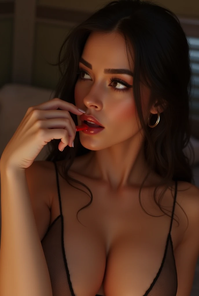 young woman of 2 , seflie. ultra detailed face , tetas grandes ,Low-cut . ultra detailed nordic eyes , eyes 4k, Texture de la peau, hyperdetailed, réaliste Texture de la peau, best quality, ultra high resolution, (Photorealistic: 1.4), high resolution, photo iphone 15 pro max,vue sur Low-cut seins ,( posture sexy obscene) ,( posture obscene) ,lick his finger