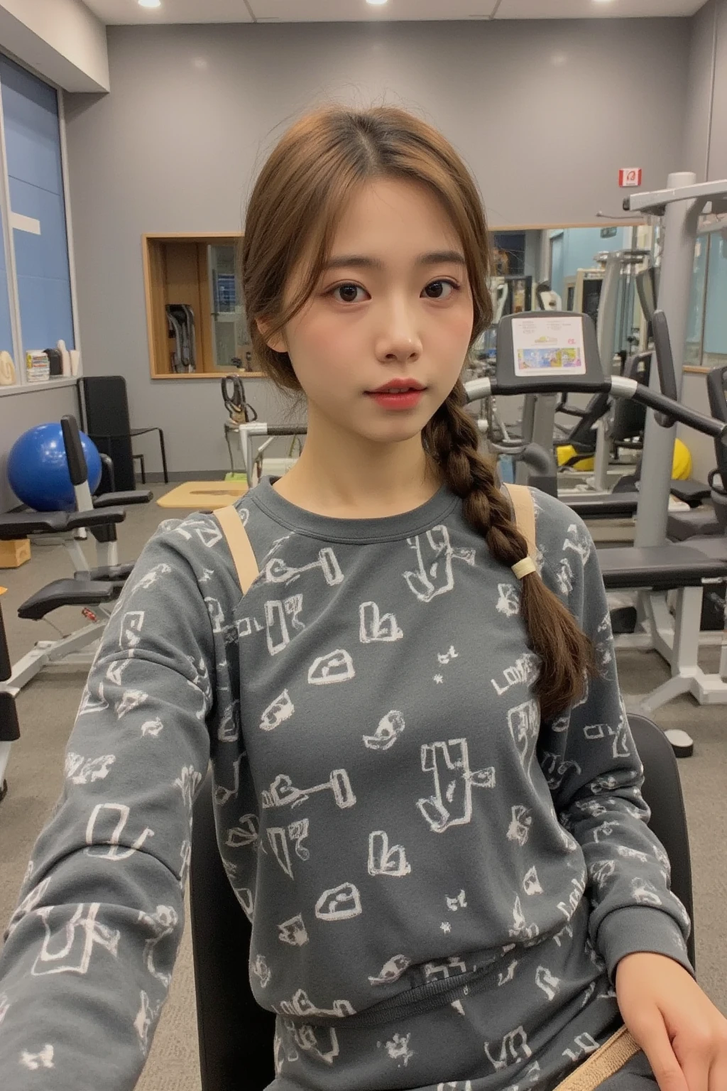  wearing a ponytail   。Work out in the luxury gym in the morning in a long-sleeved fall fashion sports suit 。 Cute selfie from a first perspective   。