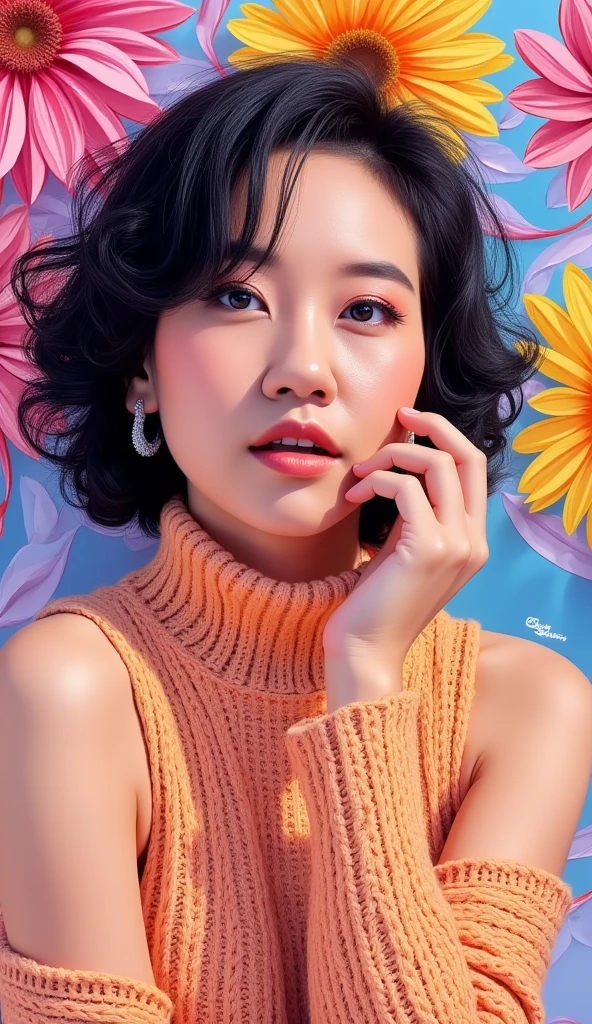 one Korean model, hair model, Unique hair details, turtleneck sleeveless sweater, double eyelid, plump lips, short curly hair, Illustration, pop art, detail face, detail eyes, detail lips, perfect shape,