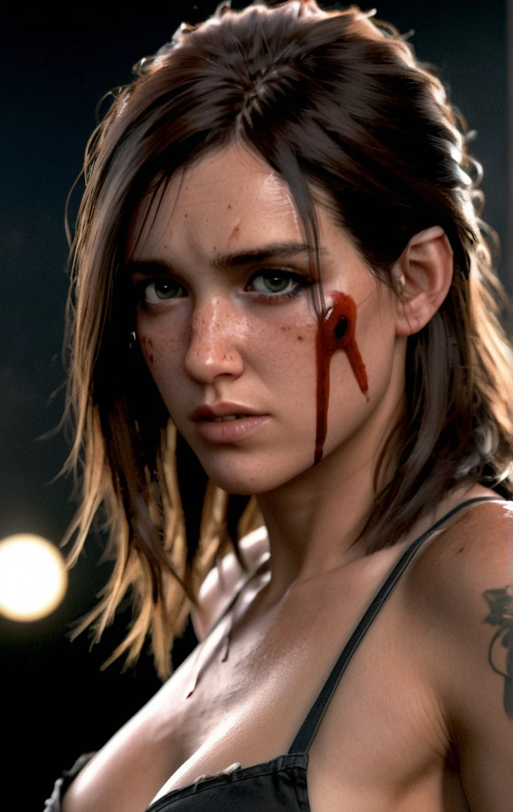 photo of ohxw, ellie, tattoo on left arm, woman, black jeans, close up, , long length hair, face details, low key lighting, blood on her face. Sexy face
Bikini