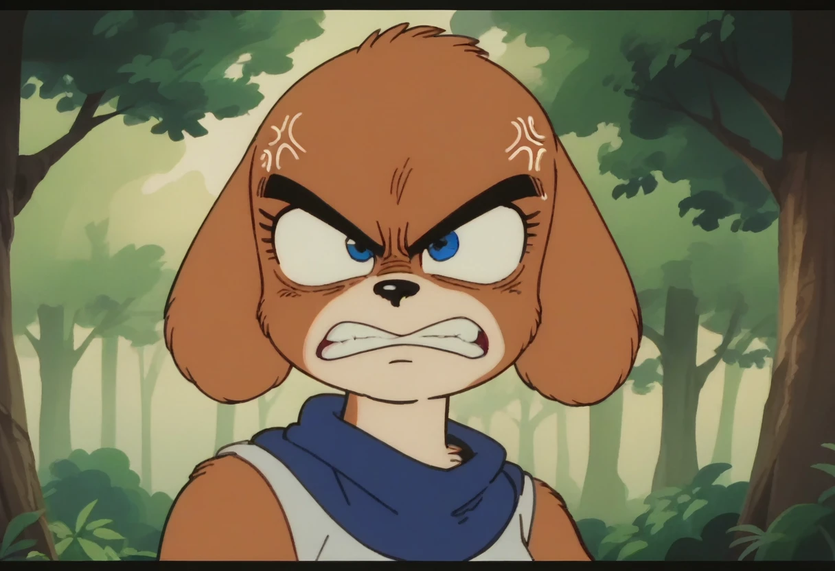 anime screencap,drgbls1, solo, anthro mobian ground squrriel, female, female,_9, score_8_up, score_7_up, score_6_up, forest, upper body, brown fur, angry, expressvie eyes,